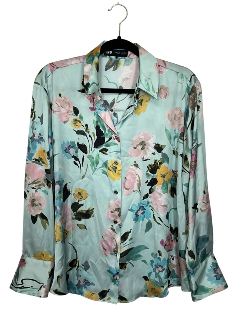Zara | Green Pink Floral Print Satin Shirt S